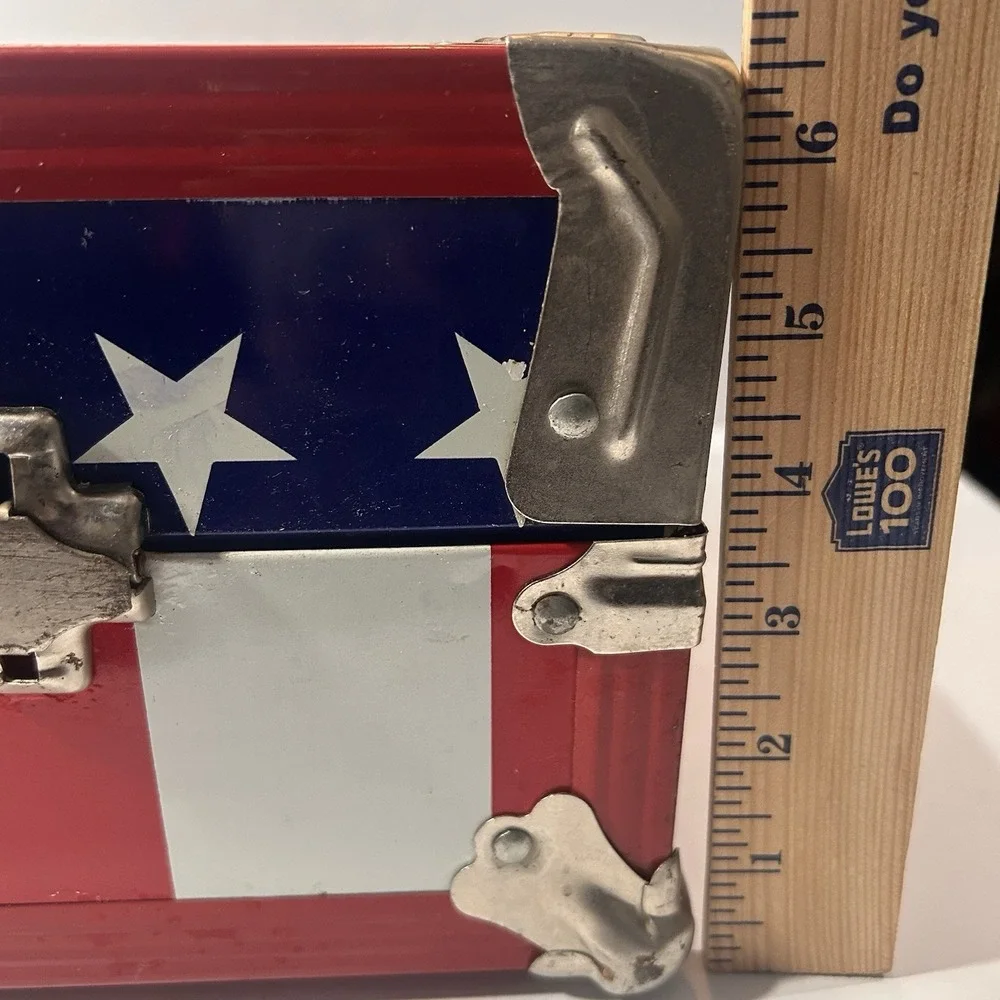Vintage American Flag Metal Trunk Newspaper Lined Interior Patriotic Chest